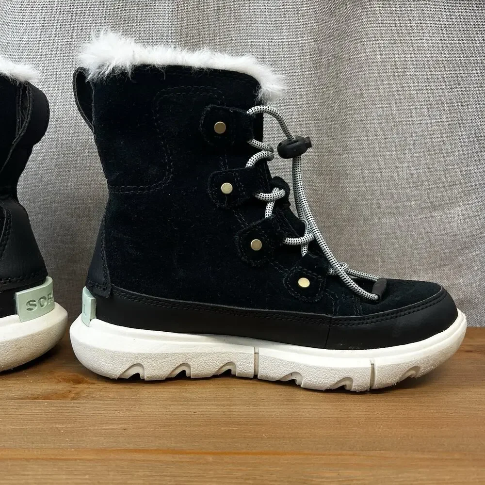 SOREL Explorer II Joan Boots Suede Faux Fur Sz 2 Waterproof Lace Up Shoes Black